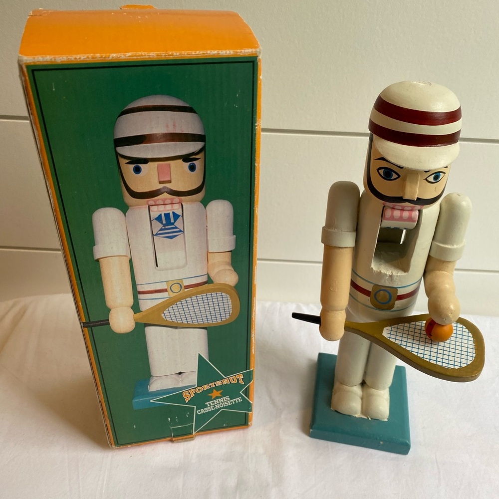 Vintage 10 Inch Wooden Sportsnut Festive Nutcracker Tennis Player Retro Sport